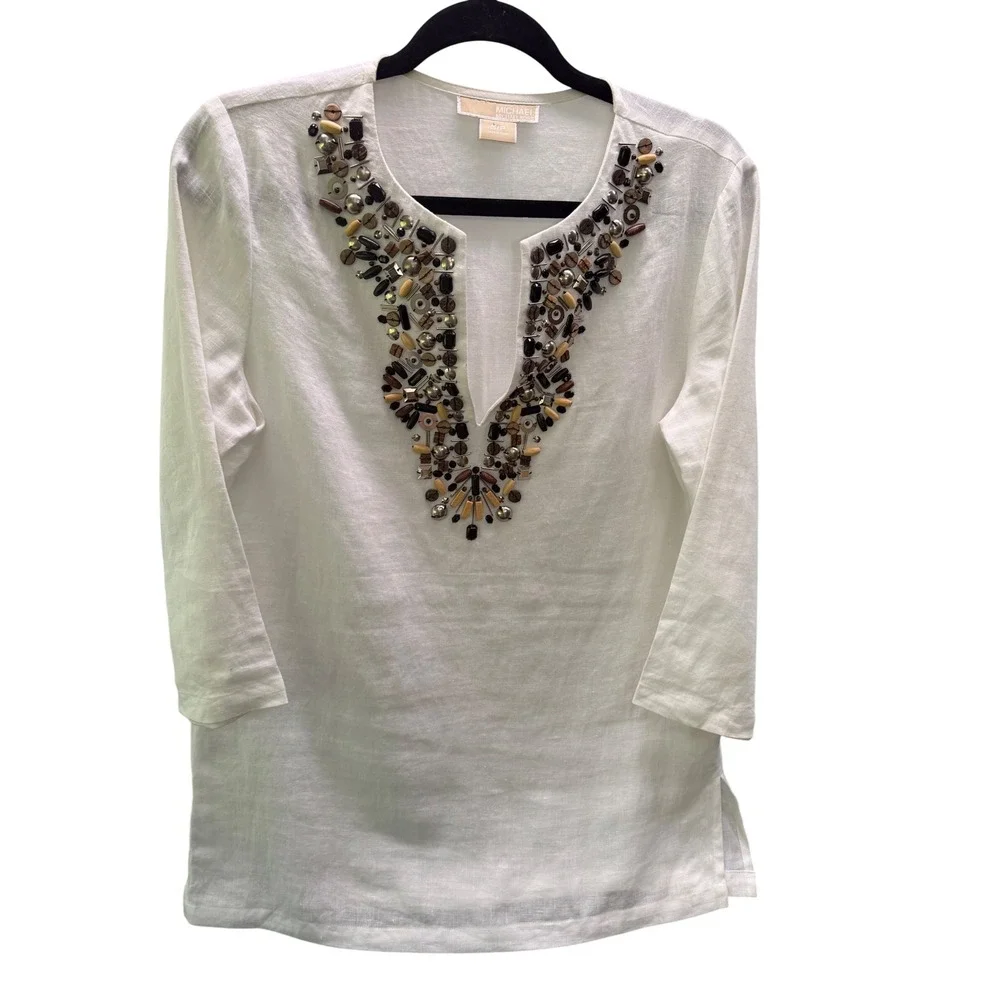 Michael Kors Linen Tunic Women Small White Beaded Split Neck 3/4 Sleeve Boho